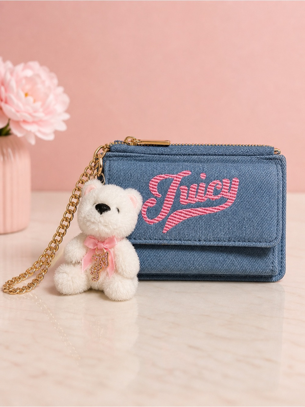 Juicy Couture Blue Denim Wallet with Pink Embroidery and Teddy Charm